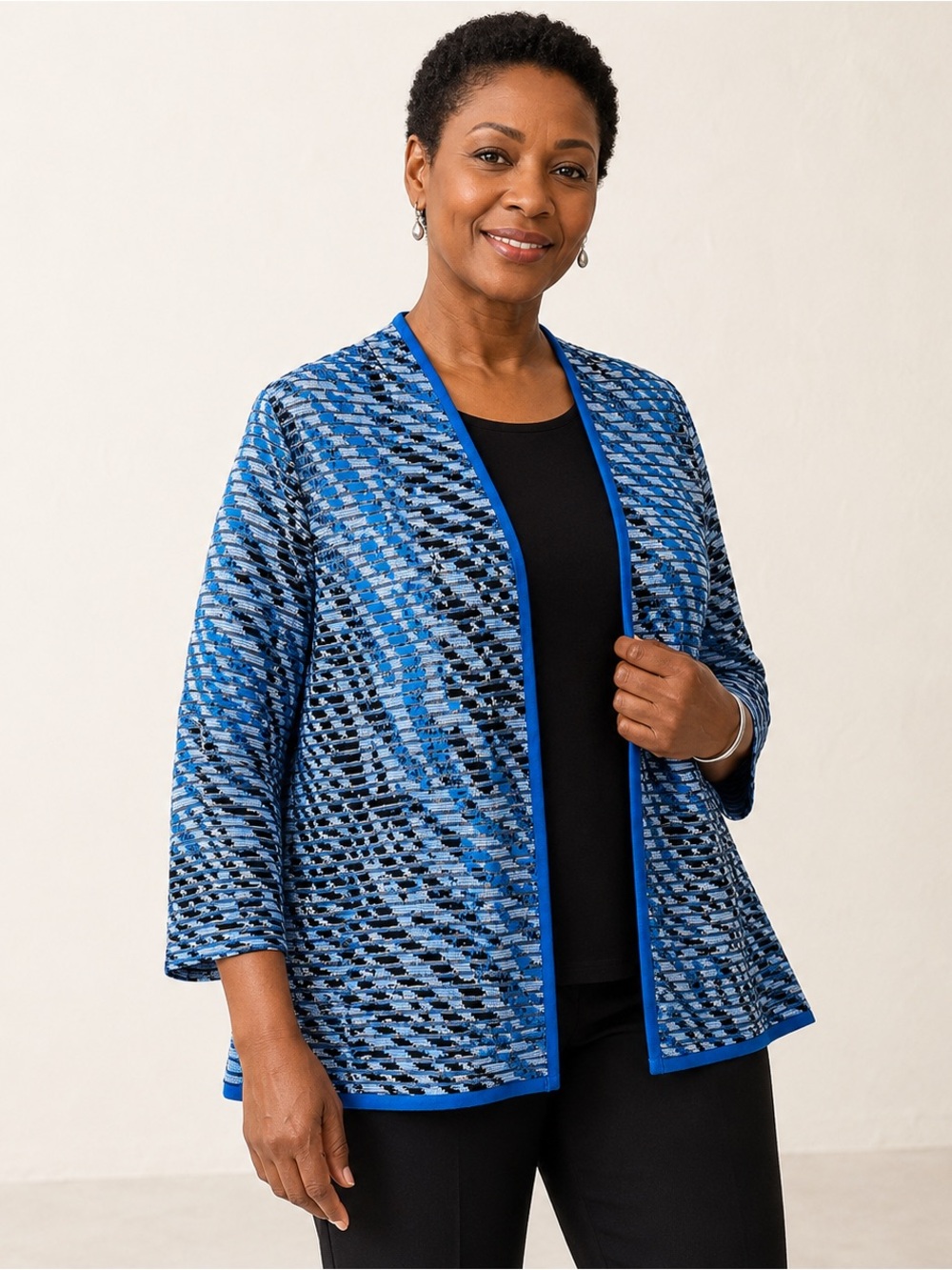 Ming Wang Blue Black Open Front Knit Cardigan Jacket Size M Hook Clasp